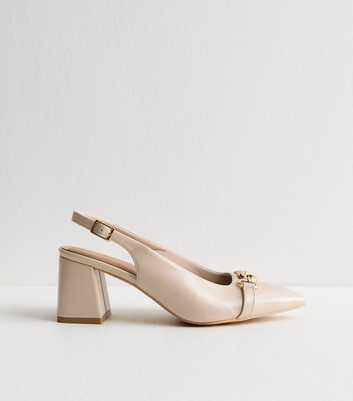 Off White Faux Leather Chain Slingback Block Heels