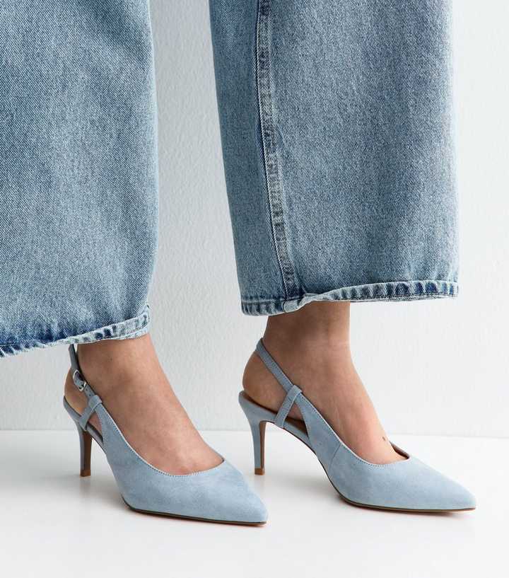 Wide Fit Light Blue Faux Suede Slingback Court Shoes