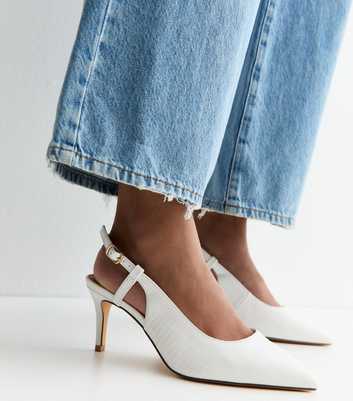 Extra Wide Fit White Faux Leather Lizard Embossed Slingback Court Shoes