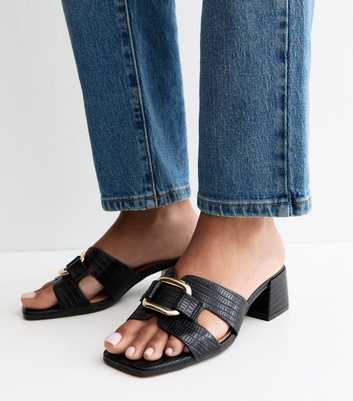 Black Faux Leather Square Toe Block Heel Mule Sandals