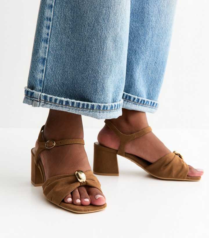 Wide Fit Tan Faux Suede Metal Ring Block Heel Sandals