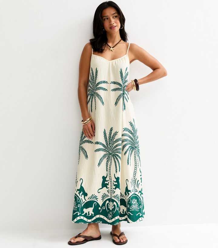 Petite White Palm Pattern Beach Maxi Dress