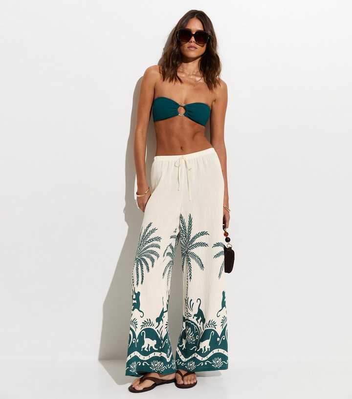 Teal Palm Pattern Beach Wide Leg Trouser