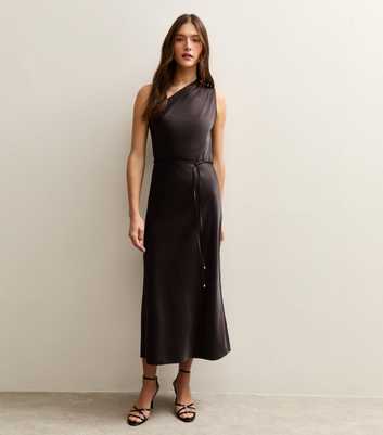 Dark Brown Satin One Shoulder Tie Waist Dress
