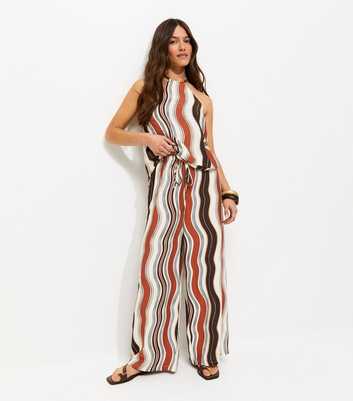 Petite Brown Wave Print Wide Leg Trousers