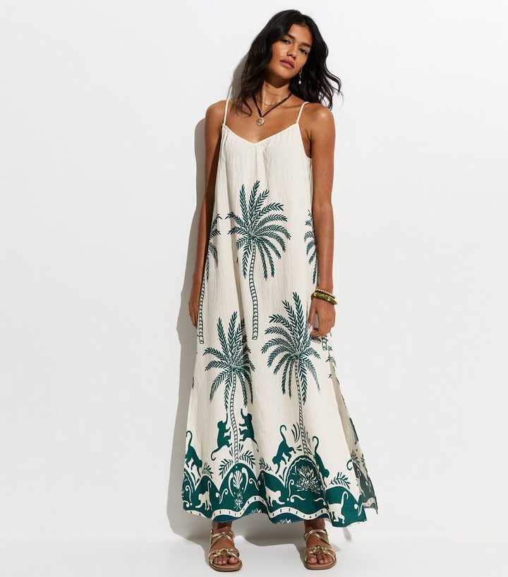 Green Woven Palm Pattern Beach Maxi Dress