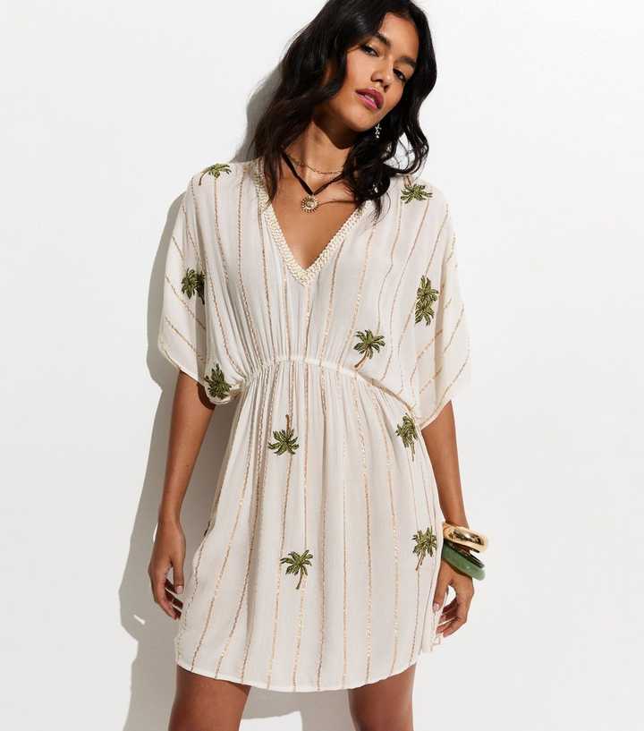 Cream Metallic Stripe Palm Tree Embroidered Kaftan