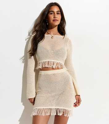 Cream Crochet Knit Tassel Trim Long Sleeve Crop Top