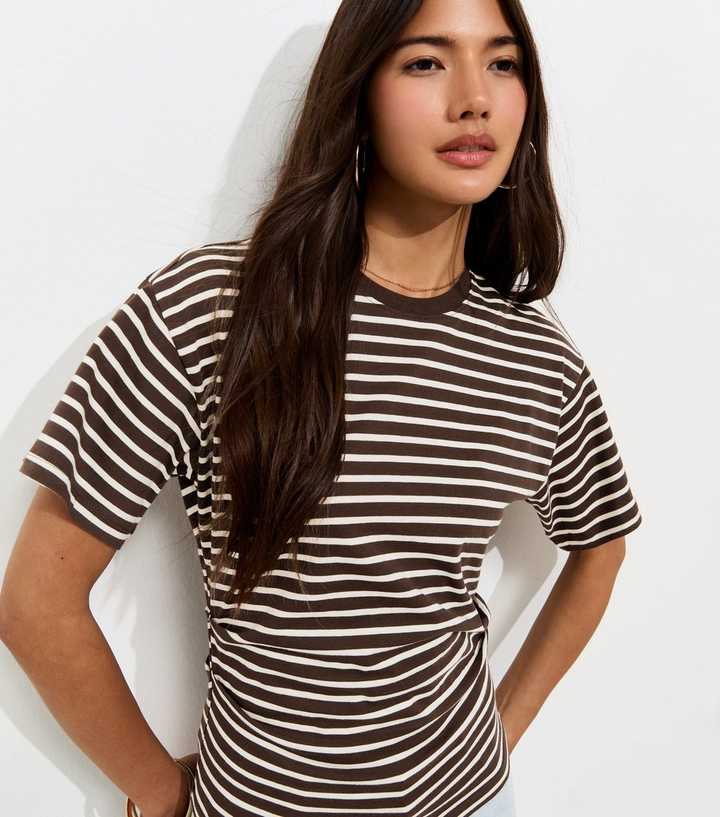 Dark Brown and Cream Striped Corset Waist Short Sleeve T-Shirt