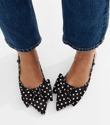 Black Polka Dot Satin Bow Embellished Slingback Flats