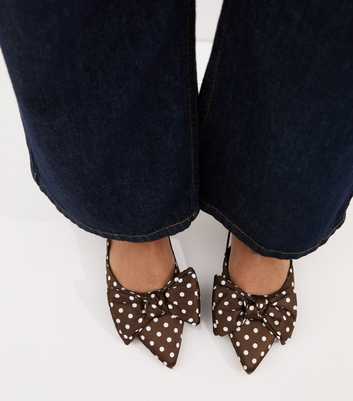 Brown Polka Dot Satin Bow Embellished Slingback Flats