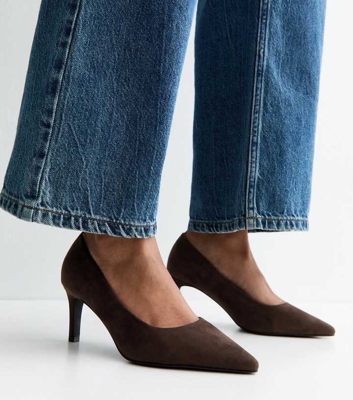 Wide Fit Dark Brown Faux Suede Court Shoes