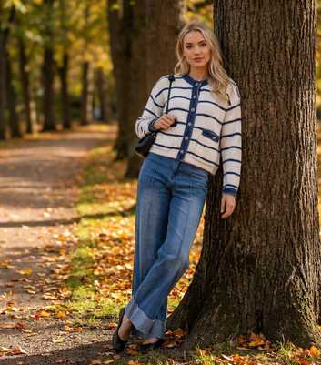 Blue Vanilla Off White Striped Denim Trim Cardigan