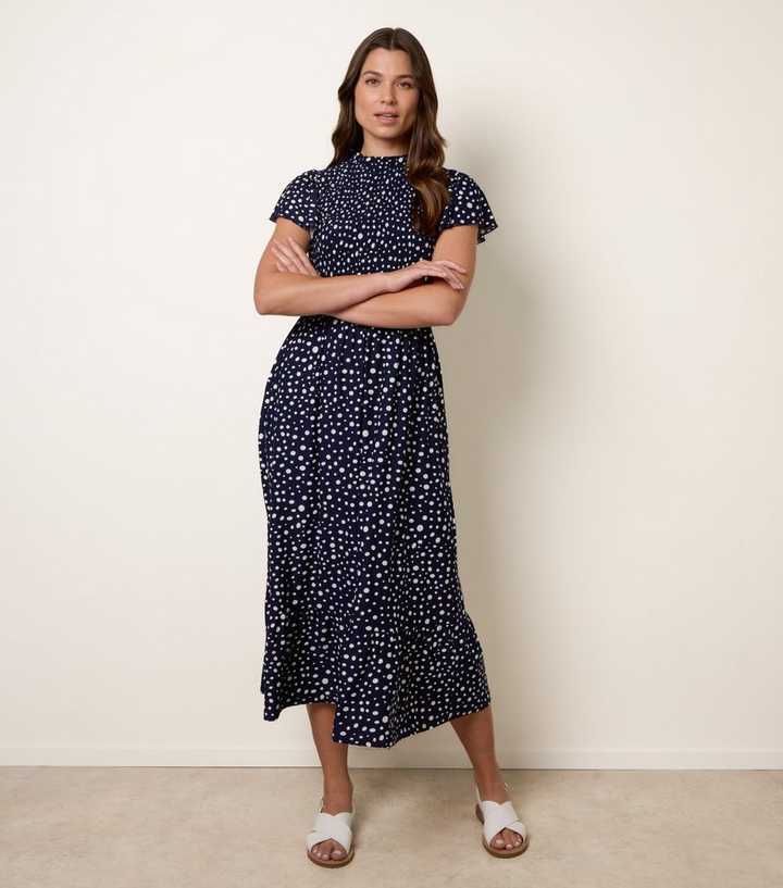 Blue Vanilla Navy Spotty Shirred Midi Dress | New Look