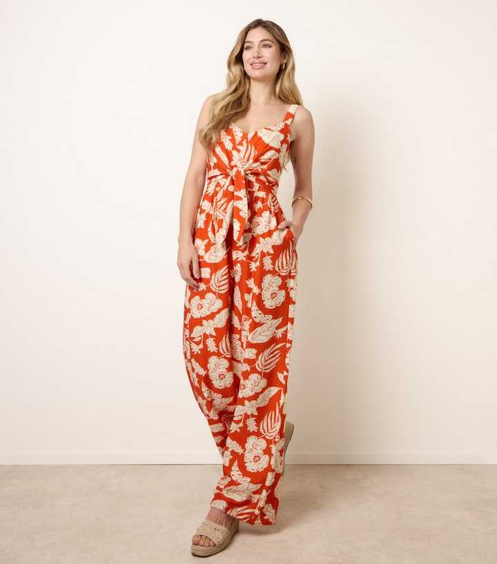 Blue Vanilla Bright Orange Tie Front Jumpsuit