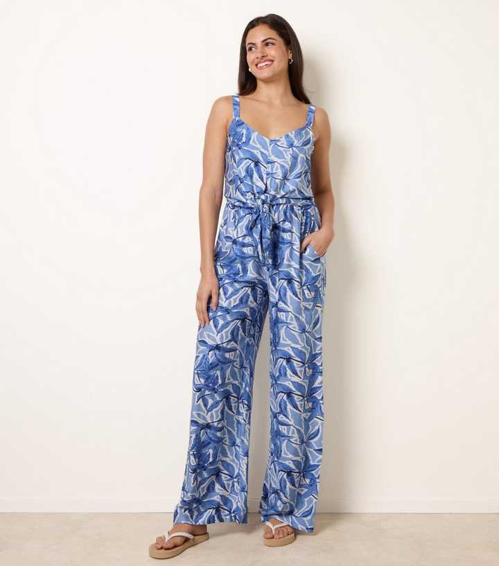 Blue Vanilla Blue Leaf Print Tie Front Jumpsuit