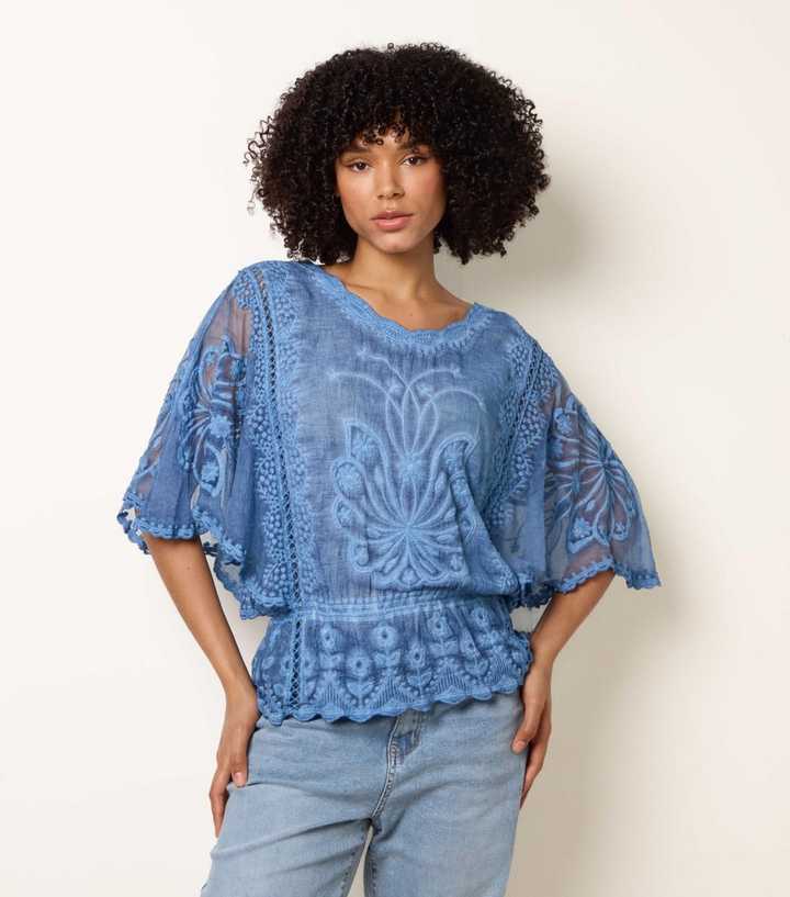 Blue Vanilla Blue Floral Lace Blouse