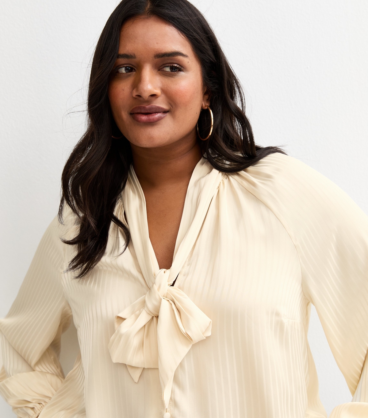 Women's Plus Size Cream Satin Stripe Pussybow Shirt Curves New Look