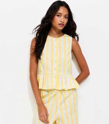 Light Yellow Striped Peplum Hem Button Front Top