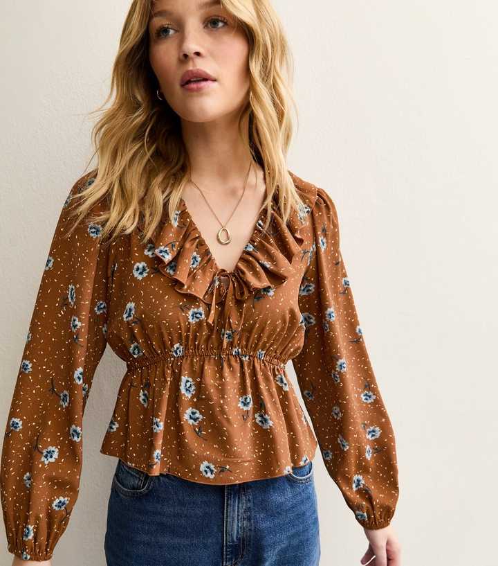 Brown Floral Frill Neck Blouse