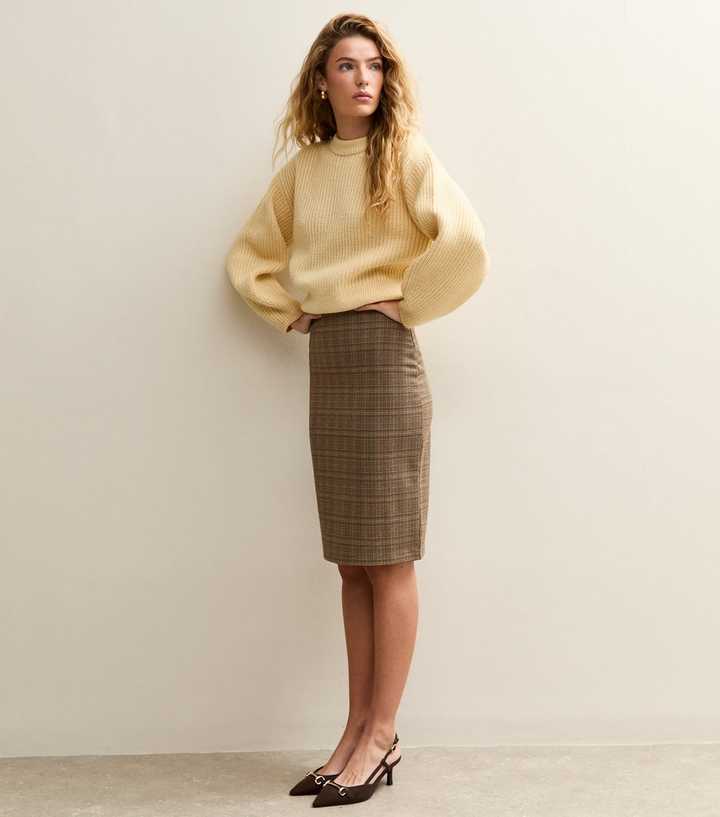 Brown Jacquard Check Pencil Skirt
