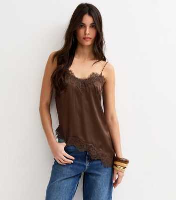 Dark Brown Satin Asymmetric Lace Hem Cami Top