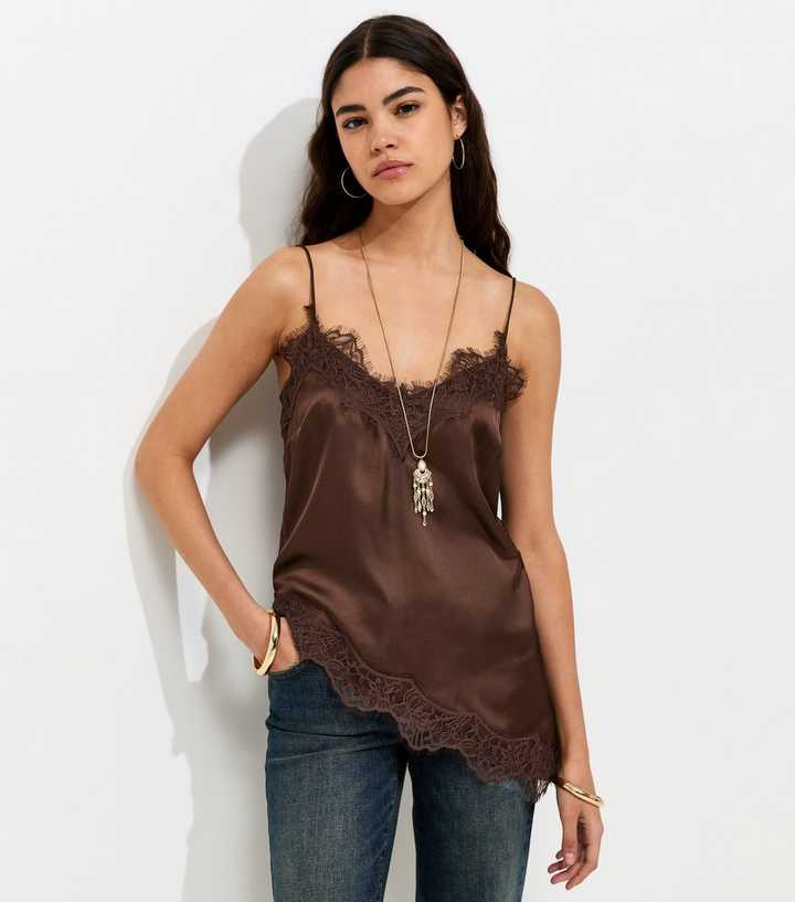 Dark Brown Satin Asymmetric Lace Hem Cami Top
