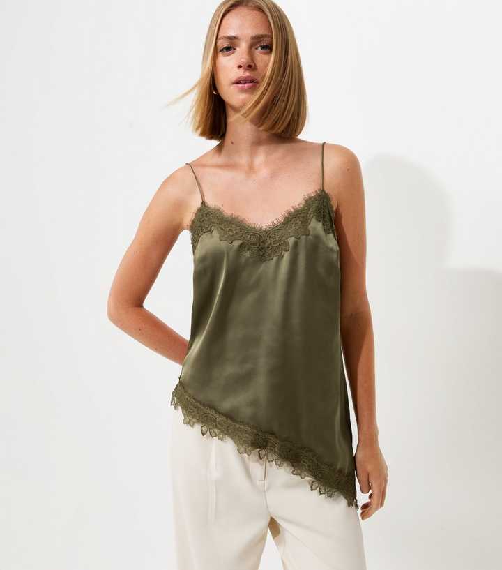 Light Khaki Satin Asymmetric Lace Hem Cami Top