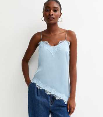Light Blue Satin Asymmetric Lace Hem Cami Top