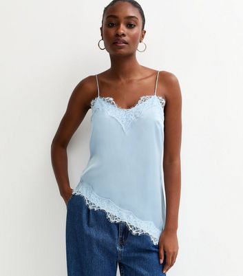Light Blue Satin Asymmetric Lace Hem Cami Top | New Look
