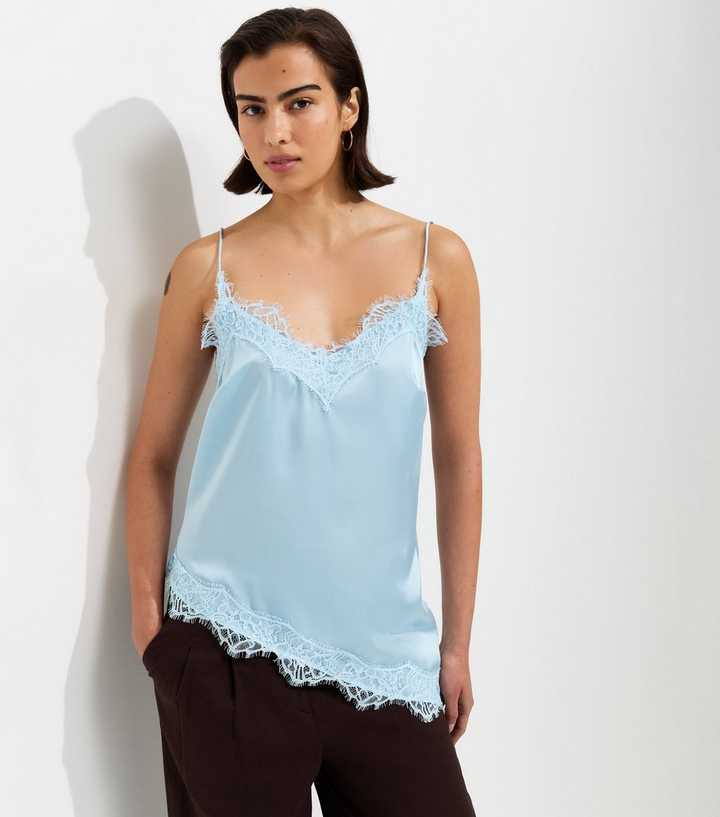 Light Blue Satin Asymmetric Lace Hem Cami Top