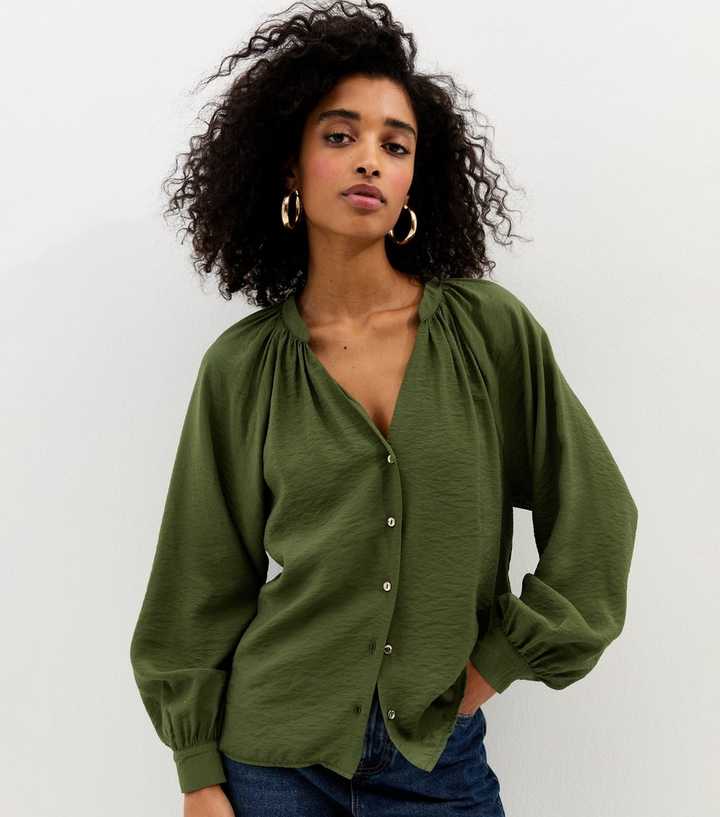 Dark Khaki Flowy Raglan Sleeve Blouse