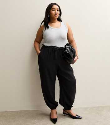 Curves Black Drawstring Waist Cuffed Joggers