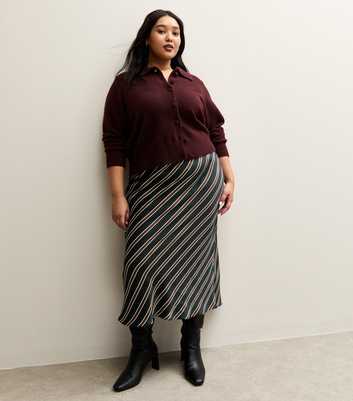 Curves Black Satin Striped Bias Cut Midi Skirt
