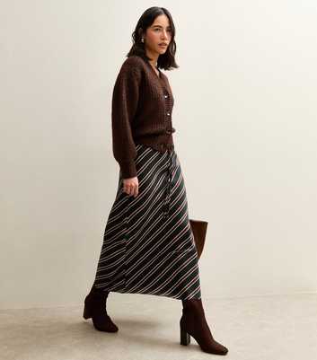 Black Striped Satin Bias Cut Midi Skirt