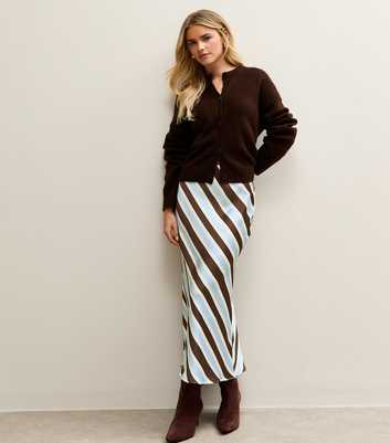Petite Brown Striped Satin Bias Cut Midi Skirt