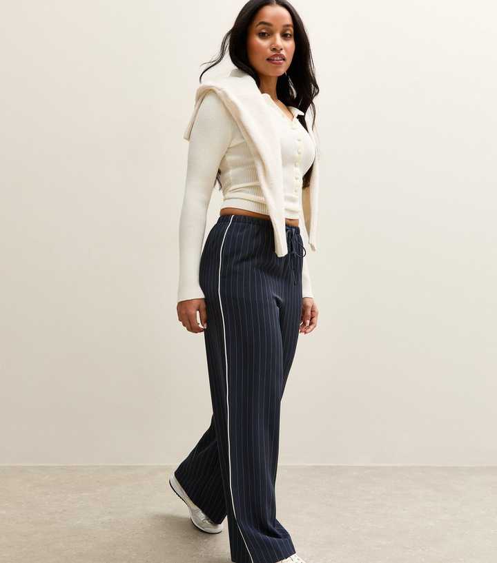 Petite Blue Pinstriped Wide Leg Trousers