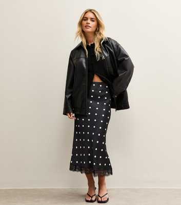 Petite Black Polka Dot Lace Trim Midi Skirt