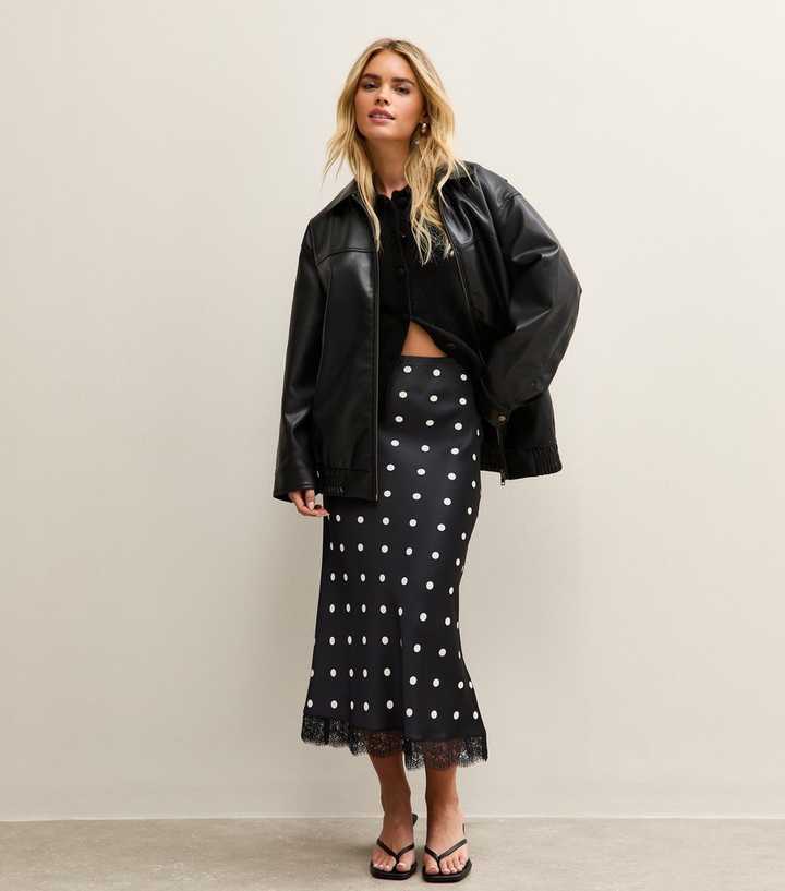 Petite Black Polka Dot Lace Trim Midi Skirt
