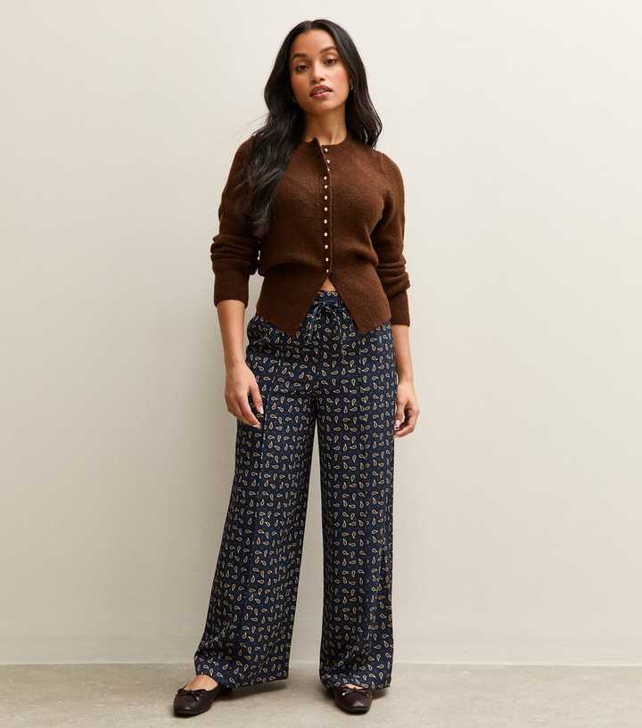 Petite Blue Satin Paisley Wide Leg Trousers