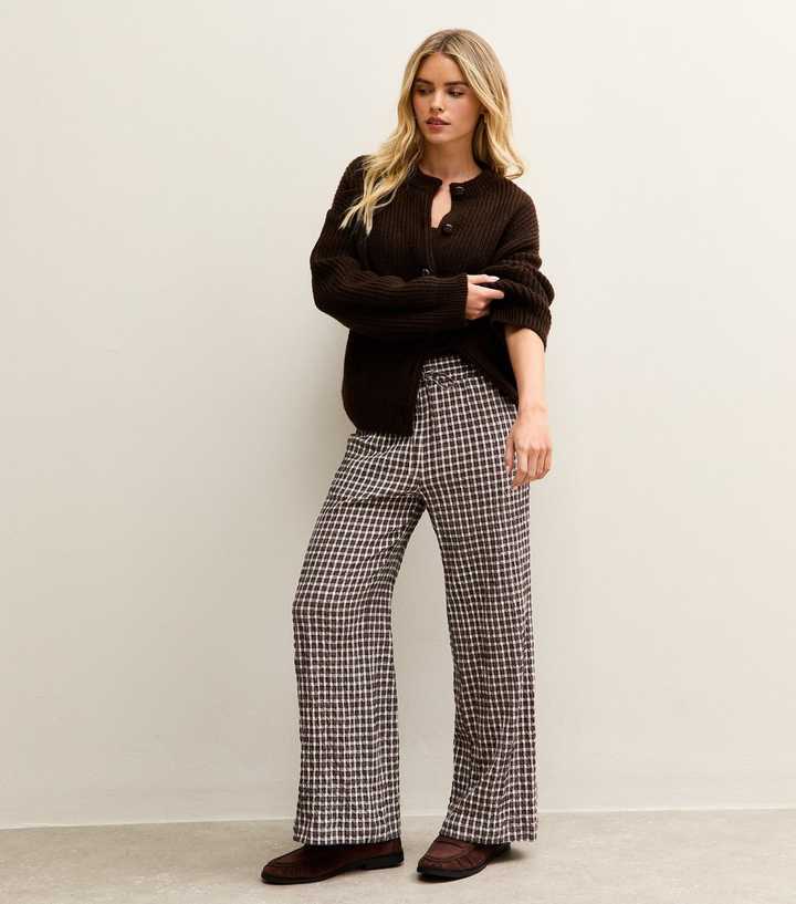 Petite Cream Checked Wide Leg Trouser