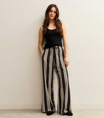 Petite Black Crinkled Striped Wide Leg Trousers