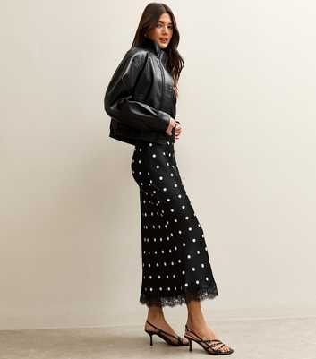 Black Satin Polka Dot Lace Trim Midi Skirt