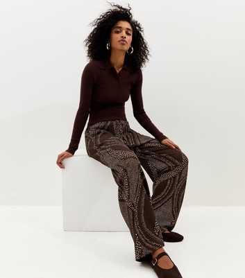 Dark Brown Swirly Print Wide Leg Trousers