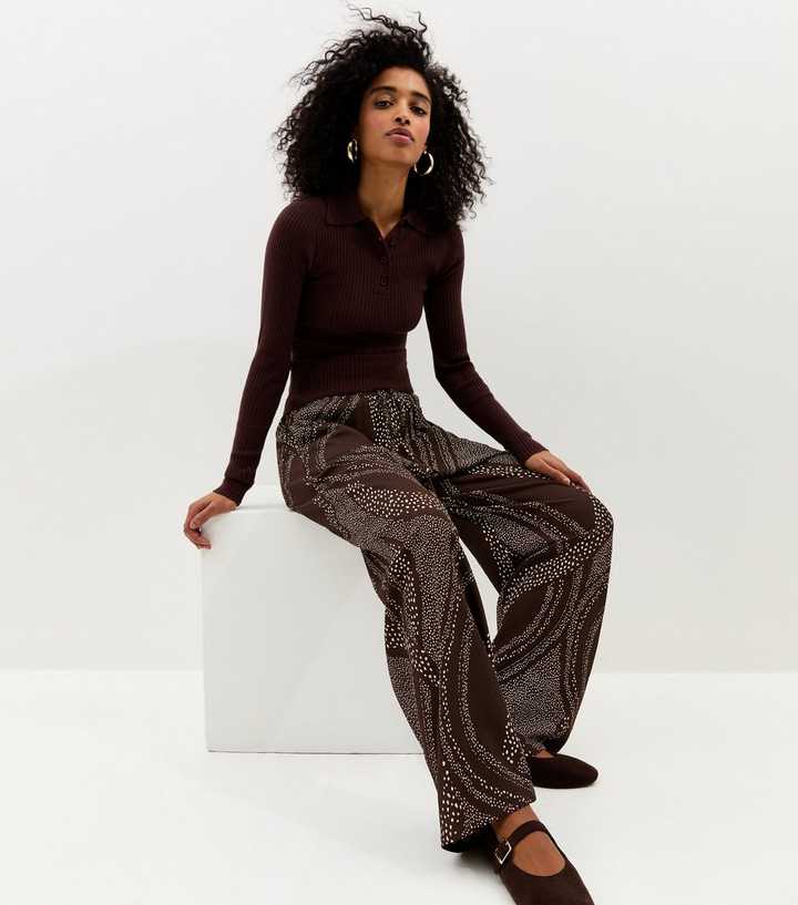 Dark Brown Swirly Print Wide Leg Trousers