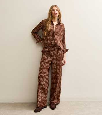 Brown Satin Paisley Wide Leg Trousers