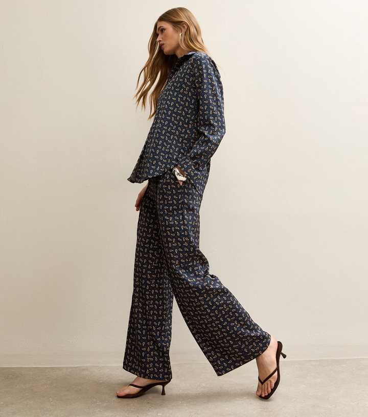 Blue Satin Paisley Wide Leg Trousers