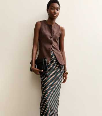 Tall Black Satin Striped Bias Cut Midi Skirt