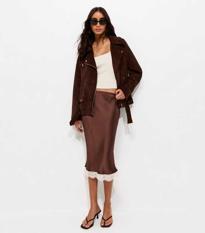 Brown Lace Trim Satin Midi Skirt