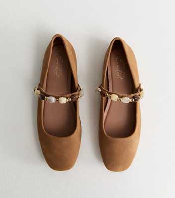 Tan Faux Suede Beaded Square Toe Ballerina Pumps